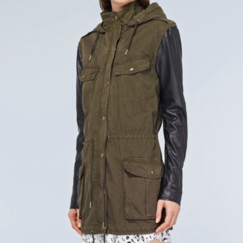 ARITZIA | TALULA TROPER ARMY UTILITY FAUX LEATHER SLEEVE JACKET - Picture 2 of 16